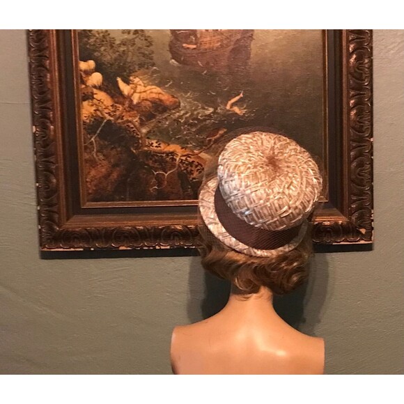 Vintage 60s Hat 1960s Straw XL Pillbox Cloche Netting Jackie Kennedy Mod Retro - Picture 5 of 9